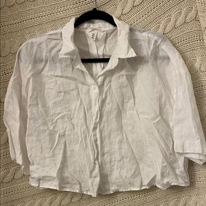 H&M White Cropped Linen Button-Up Blouse
